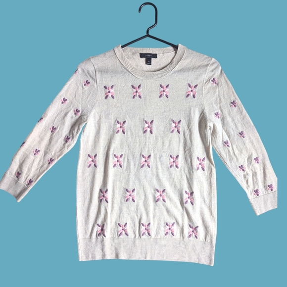 J. Crew Sweaters - J. CREW Grey Merino Wool Crewneck Sweater Embroidered Flowers 3/4 Sleeves M